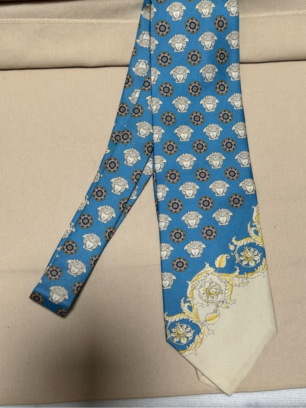 Versace Blue Silk Tie with Cream and Gold Baroque Accents